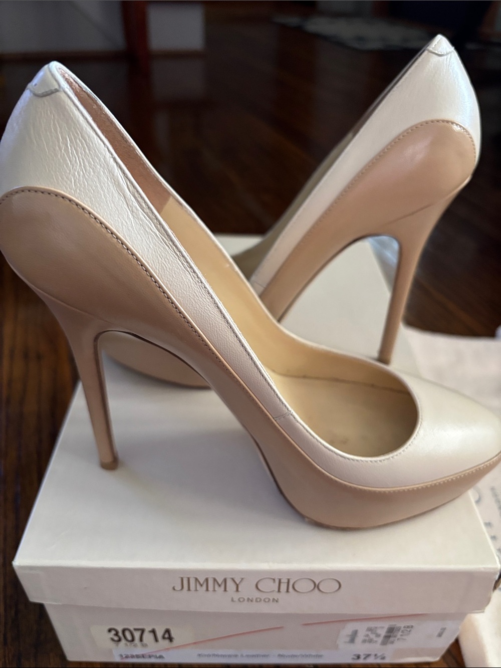 Jimmy Choo Two-Tone Cream and Nude Leather Stiletto Pumps